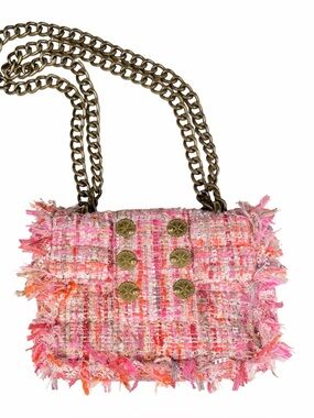 Kooreloo Pink Tweed Fringe Chain Shoulder Bag gold accents